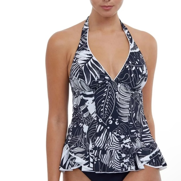 NWT Profile by Gottex Sz 14 Black White Padded Halter Tankini Swimsuit Top $98! - Picture 1 of 13